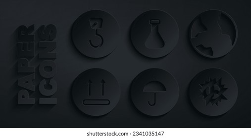 Set Delivery Package with umbrella, Worldwide, Temperature wash, Bomba Bomba Explosion, Test tube y flask y un icono de gancho industrial. Vector