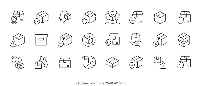 Set of delivery and packaging icons including boxes, shipping, and logistics symbols. Linear vector