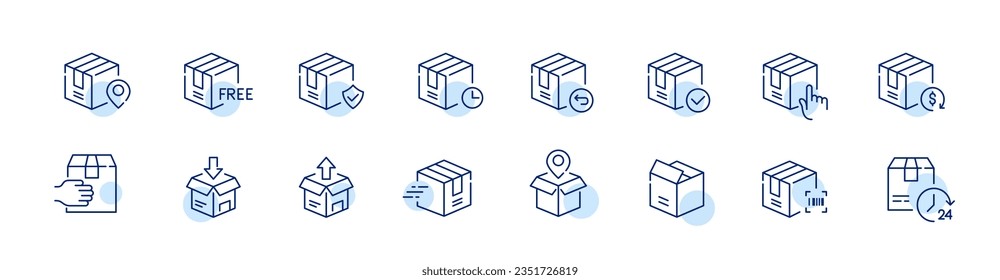 Set von Paketsymbolen für die Lieferung. Barcode, senden und empfangen, 24 Stunden Lieferung und Rückgabe. Pixel-perfektes Symbol