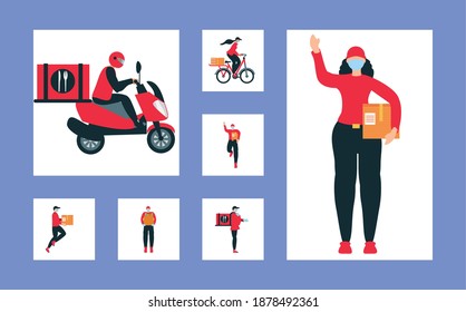 conjunto de entregas personas trabajador con iconos de transporte parcelas de máscara ilustración vectorial