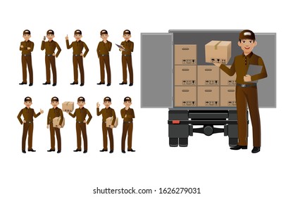 Set of delivery person with different poses