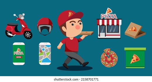 Set of delivery with pizza or fastfood in cartoon style for graphic designer, vector illustration