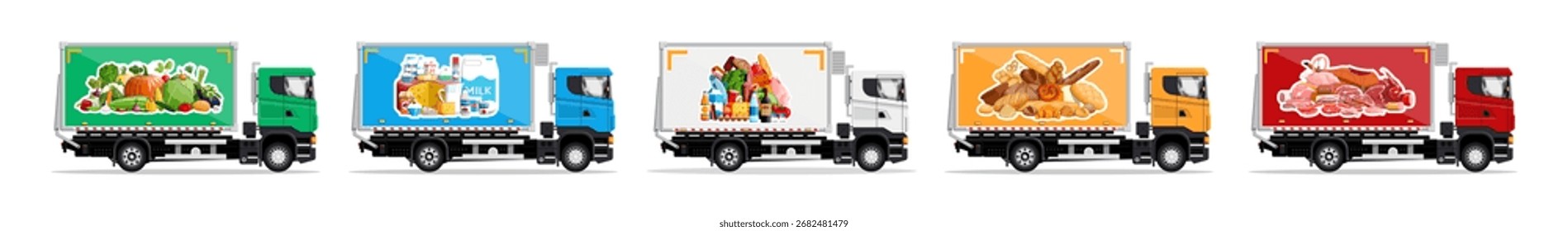 Conjunto de caminhões refrigerados de entrega projetados para produtos frescos. Ilustração de vetor de estilo plano. Conceito de serviço de transporte de alimentos.