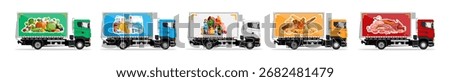 Set of delivery refrigerated trucks designed for fresh products. Flat style vector illustration. Food transportation service concept.