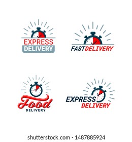 Set of Delivery Related Color Icons. Logos with timer and fast, food, or express delivery inscriptions in red and gray. Flat style vector illustration isolated on white background