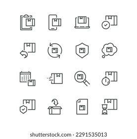 Set of delivery related icons, delivery date, courier, warehouse, return search parcel, fast shipping and linear variety vectors.