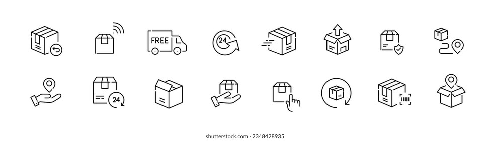 Set of delivery related icons. Free return, address, contactless delivery, 24 hour service etc. Pixel perfect, editable stroke icon