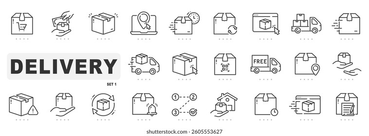 Set of delivery related line icons. Package, logistic, transport etc. Editable stroke