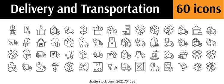Set of Delivery Related Line Icons. Transport, Parcel, Cargo, Truck Outline Signs for Graphic and Web Design, Apps, Adverts, Various Cards