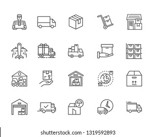 Set of delivery Related Vector Line Icons. Includes such Icons as speed, service, warehouse, courier, payment, bill of lading, transfer, transport, time, plane, packing, box, fast