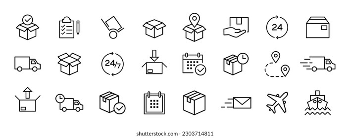 Set of Delivery Related Vector Line Icons. Contains such Icons as Priority Shipping, Express Delivery, Tracking Order and more. Editable Stroke. 48x48 Pixel Perfect. Vector 10 eps.