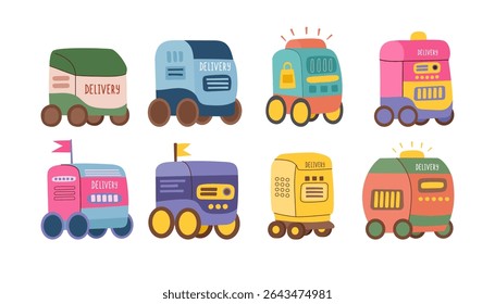 Conjunto de Clipart de robot de entrega aislados sobre fondo blanco. Concepto de entrega, tecnología, robótica. Vector dibujado a mano ilustraciones.