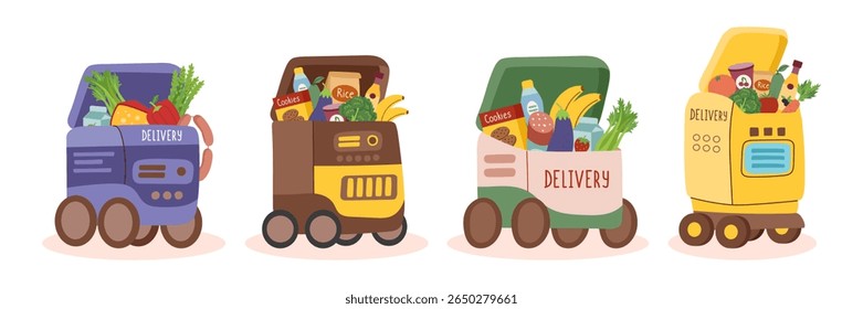 Set of delivery robots isolated on white background. Food delivery, technology, robotics, innovation concepts. Vector flat hand drawn cliparts.
