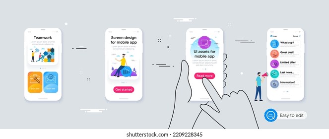 Set of Delivery, Save planet and Smartphone holding line icons. Phone ui interface. Include Tool case, Gps, Money loss icons. Bitcoin, Third party, Approved mail web elements. Vector