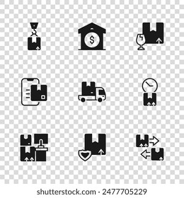 Set Delivery security with shield, Cardboard box clock, traffic symbol, cargo truck, Package fragile content, Crane cardboard, Warehouse price and Document tracking marker icon. Vector