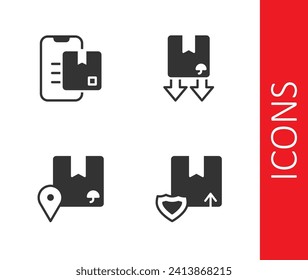 Set Delivery security with shield, Document tracking marker, Location cardboard box and Cardboard traffic symbol icon. Vector