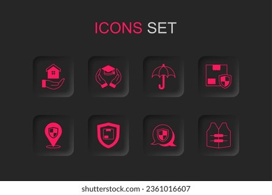 Set Delivery security with shield, Education grant, House in hand, Shield, Life jacket, Umbrella and Location icon. Vector