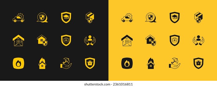 Set Delivery security with shield, Fire in burning house, Briefcase, Umbrella hand, House, Graduation cap, Car insurance and Shield icon. Vector