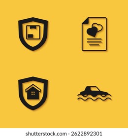 Set Delivery security with shield, Flood car, House and Marriage contract icon with long shadow. Vector