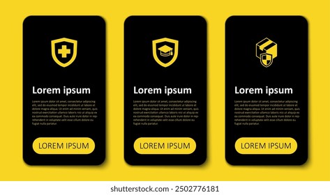 Set Delivery security with shield, Graduation cap and Life insurance. Business infographic template. Vector