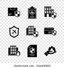 Set Delivery security with shield, Health insurance, House, Fire burning house, Contract, Hand holding fire, Plane and  icon. Vector