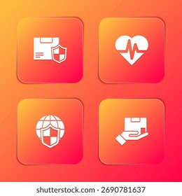 Set Seguridad de entrega con escudo, seguro de salud, escudo mundial e icono. Vector