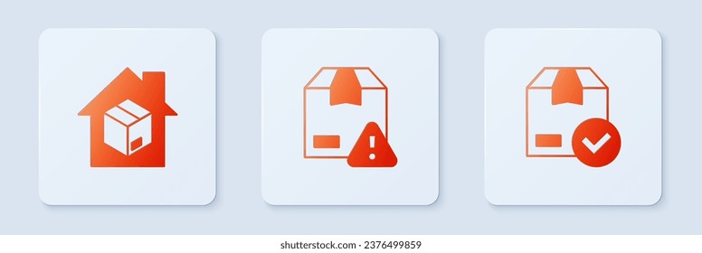 Establecer la seguridad de entrega con el escudo, los servicios de entrega en el hogar y la marca de verificación del paquete. Botón cuadrado blanco. Vector
