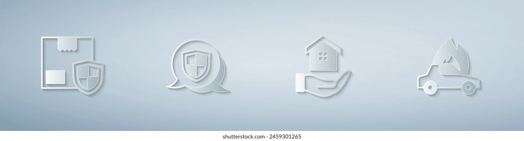 Establecer seguridad de entrega con escudo, escudo, casa en mano y coche en llamas. Estilo de arte de papel. Vector
