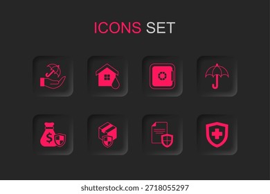 Conjunto de seguridad de entrega con escudo, inundación de la casa, paraguas en la mano, contrato, seguro de vida, caja fuerte y bolsa de dinero icono. Vector