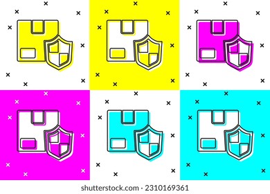 Set Delivery security with shield icon isolated on color background. Delivery insurance. Insured cardboard boxes beyond the shield.  Vector