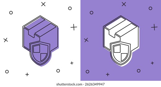 Defina a segurança de entrega com o ícone de escudo isolado no fundo branco e roxo. Seguro de entrega. Caixas de papelão seguradas fora do escudo.  Vetor
