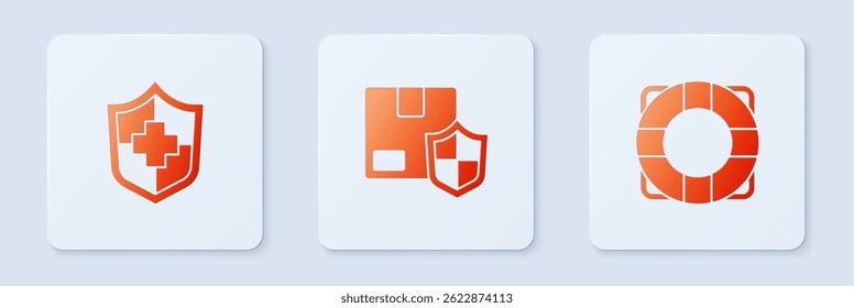 Set Delivery security with shield, Life insurance and Lifebuoy. White square button. Vector