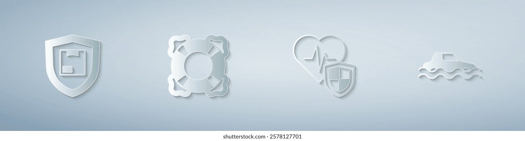 Set Delivery security with shield, Lifebuoy, insurance and Flood car. Paper art style. Vector