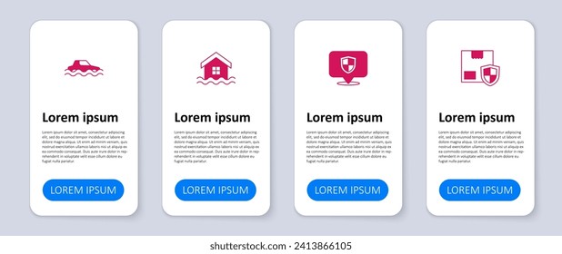 Establecer la seguridad de entrega con el escudo, la ubicación, la inundación de la casa y el coche de inundación. Plantilla de infografía empresarial. Vector