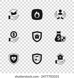 Set Delivery security with shield, Money bag, House in hand, Life insurance, Education grant, Fire flame and  icon. Vector