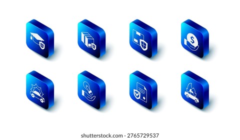 Set Delivery security with shield, Money, Burning car, Contract, Light bulb hand, Car accident and Graduation cap icon. Vector