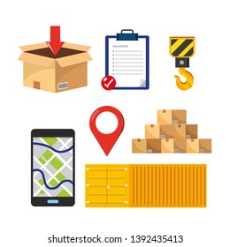 set of delivery service with containers and boxes packages