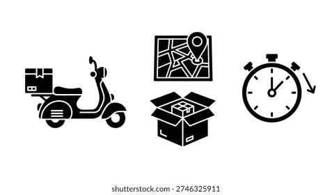 Set of delivery service icons including scooter, map, box, and clock