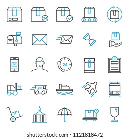 set of delivery service and logistic distribution process icon, with simple thin line and modern concept, editable stroke, costumer service courier, packaging, ecommerce startup business.