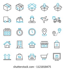 set of delivery service and logistic distribution process icon, with simple thin line and modern concept, editable stroke, costumer service courier, packaging, ecommerce startup business.