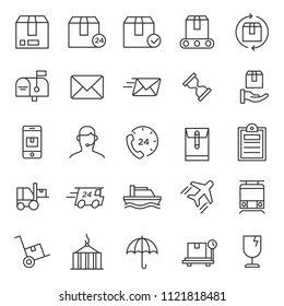 conjunto de servicio de entrega e icono de proceso de distribución logística, con concepto simple de línea delgada y moderno, trazo editable, correo de servicio al cliente, empaque, negocio de inicio de ecommerce.