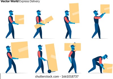 Set of delivery service male worker in different poses with boxes of different sizes isolated on white background - Vector illustration