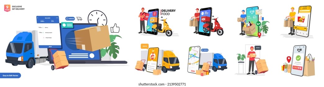 Set delivery service of takeaway food. Mobile application for product online order. Flat vector cartoon illustration