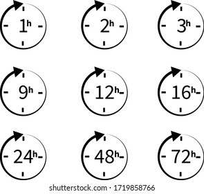 set of delivery service time icons on white background. flat style. clock arrow 1, 3, 6, 9, 12, 16, 24, 48, 72 hours icon for your web site design, logo, app, UI. set of time symbol. 