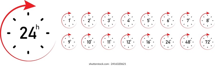 Set of delivery service time Red icons clock arrow 1 to 72 hours for design. Vector illustration