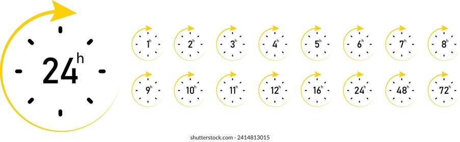 Set of delivery service time Yellow icons clock arrow 1 to 72 hours for design. Vector illustration