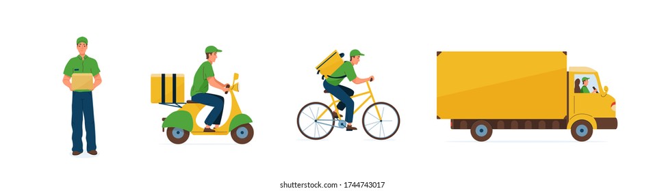 Conjunto de ilustraciones vectoriales de servicio de entrega. Entrega rápida en línea por parte de mensajeros, bicicletas, motocicletas y camiones para trabajar o en casa. El diseño del transporte es de diseño y de diseño, aislado en un fondo blanco.