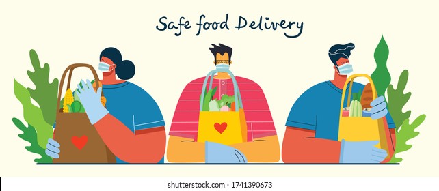 Set of delivery service worker, people deliver food, meal and goods. Safe goods delivery concept vector illustration.