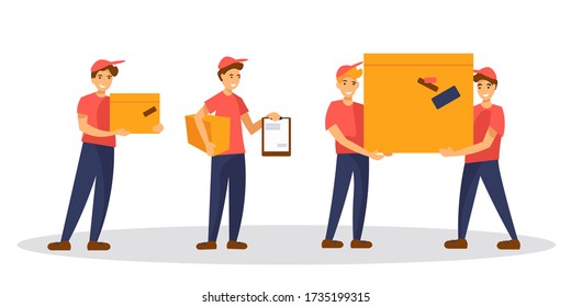 Set of delivery service workers characters in different poses. Couriers in uniform isolated on white background. Men holding parcels, clipboard with documents, carrying big box. Vector illustration