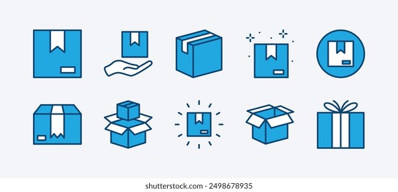 Symbol für Zustellungs- oder Versandpaketbox. Aufbewahrungs- oder Behälterbox. Enthaltend Paket, Pappe, Produkt, Geschenk, Überraschung, Sendung, Merchandise, offen. Vektorgrafik